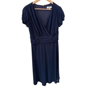 Clues New York Paris Navy Blue Dress Ruched Sleeves‎ Formal Career Cocktail